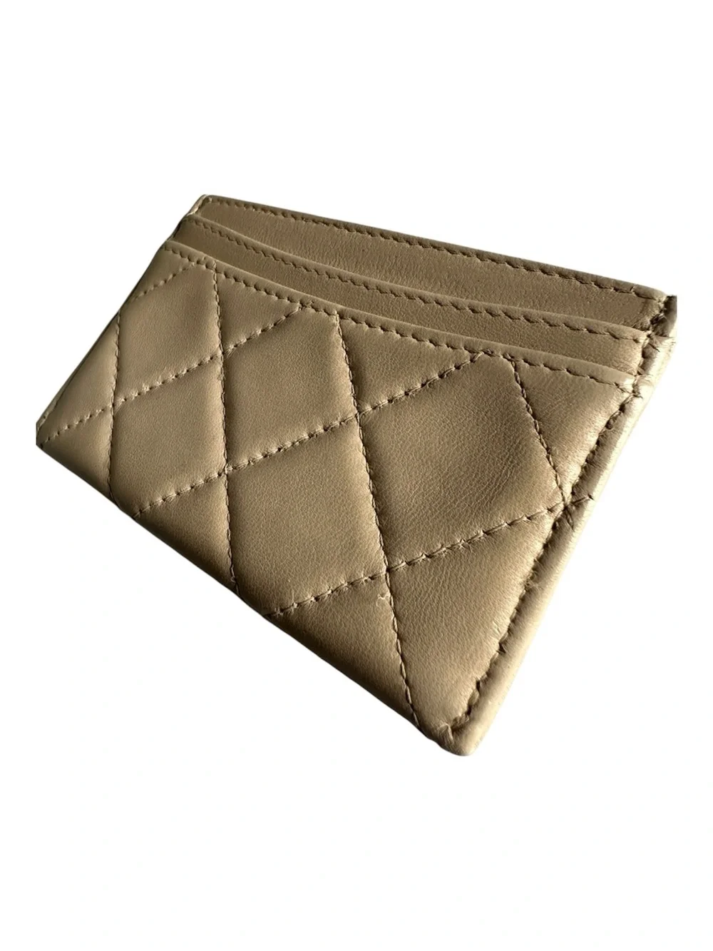 CHANEL Beige Quilted Lambskin Classic Card Case Gunmetal CC Logo Box